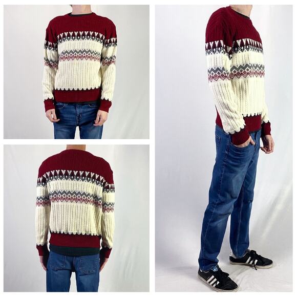 Vintage Maroon Cream Fair Isle Acrylic Knit Pullover Sweater Sz Small - Picture 3 of 14